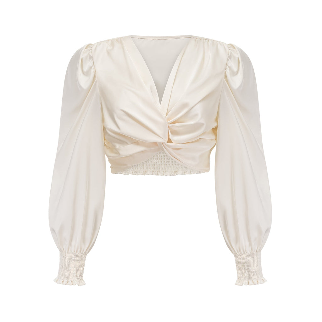 Nouria White Satin Cropped Blouse With Twist Front and Smocked Hem