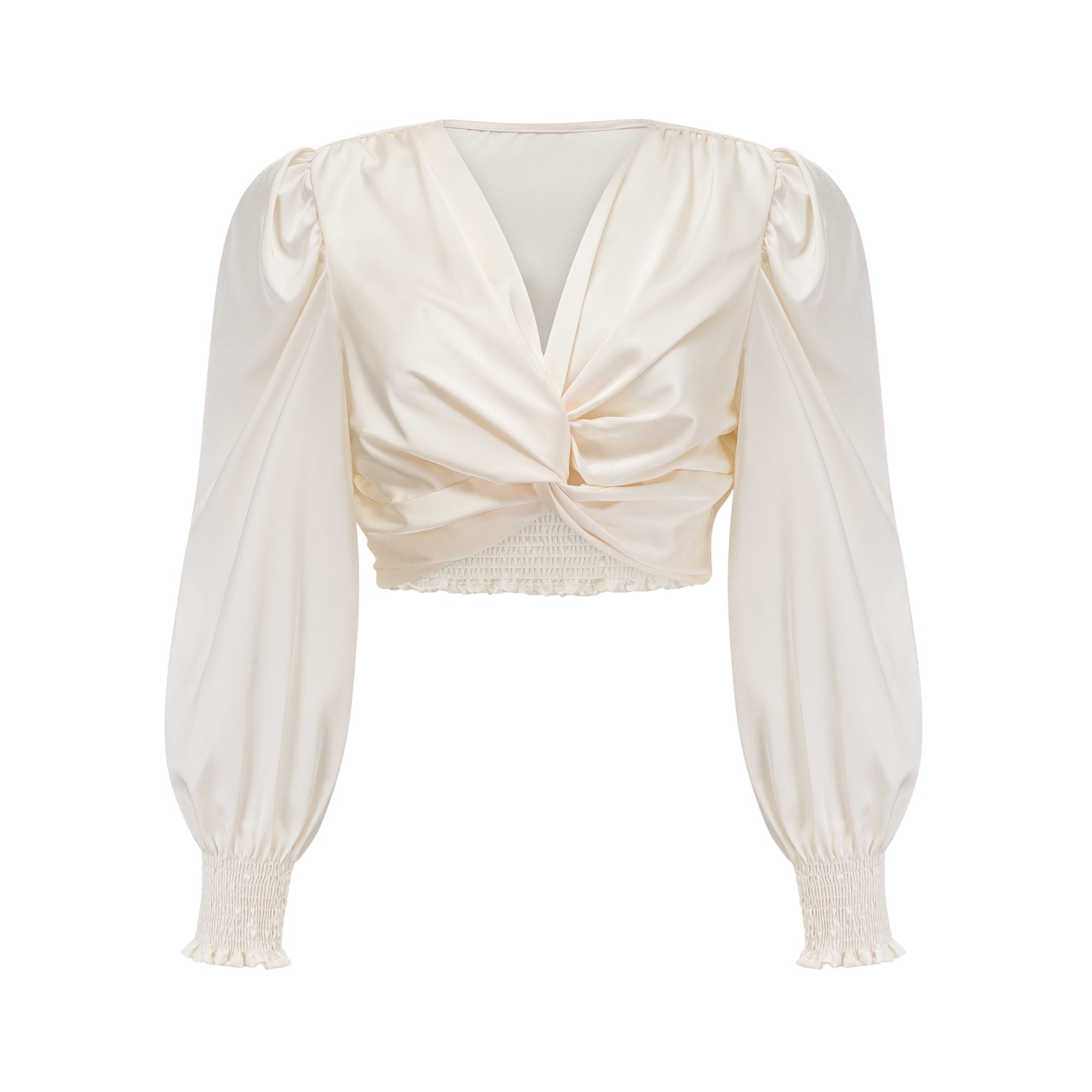 Nouria White Satin Cropped Blouse With Twist Front and Smocked Hem