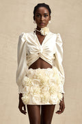 Nouria White Satin Cropped Blouse With Twist Front and Smocked Hem