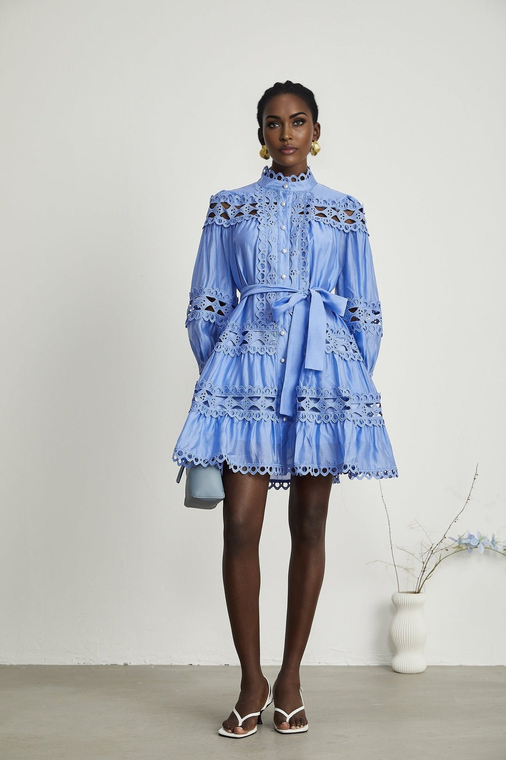 Nova Blue Cut - Out Lace Mini Dress With Waistbelt and Button Front