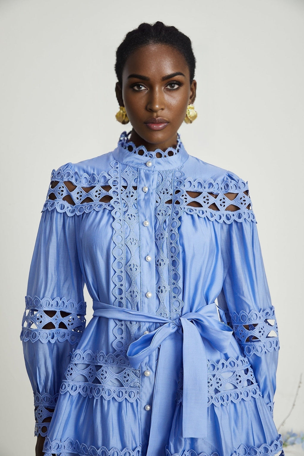 Nova Blue Cut - Out Lace Mini Dress With Waistbelt and Button Front