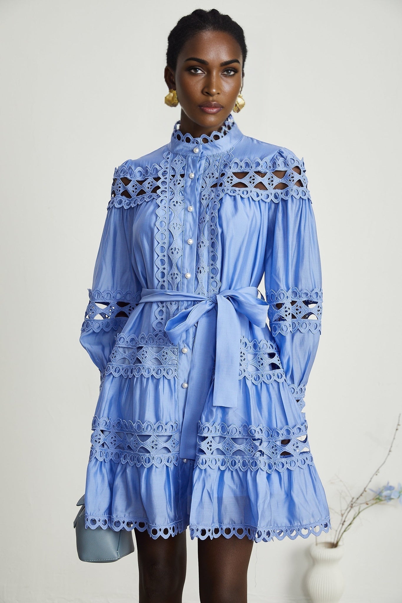 Nova Blue Cut - Out Lace Mini Dress With Waistbelt and Button Front