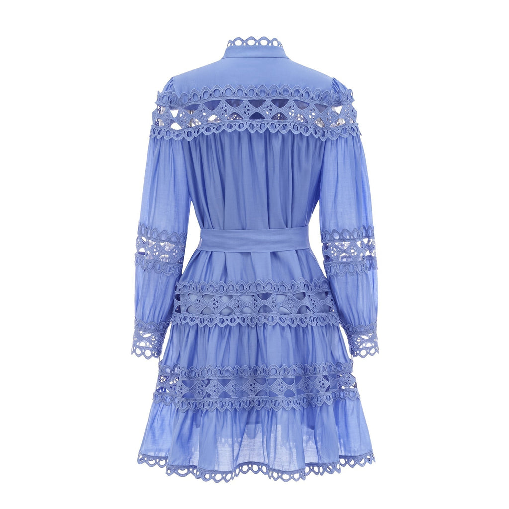 Nova Blue Cut - Out Lace Mini Dress With Waistbelt and Button Front