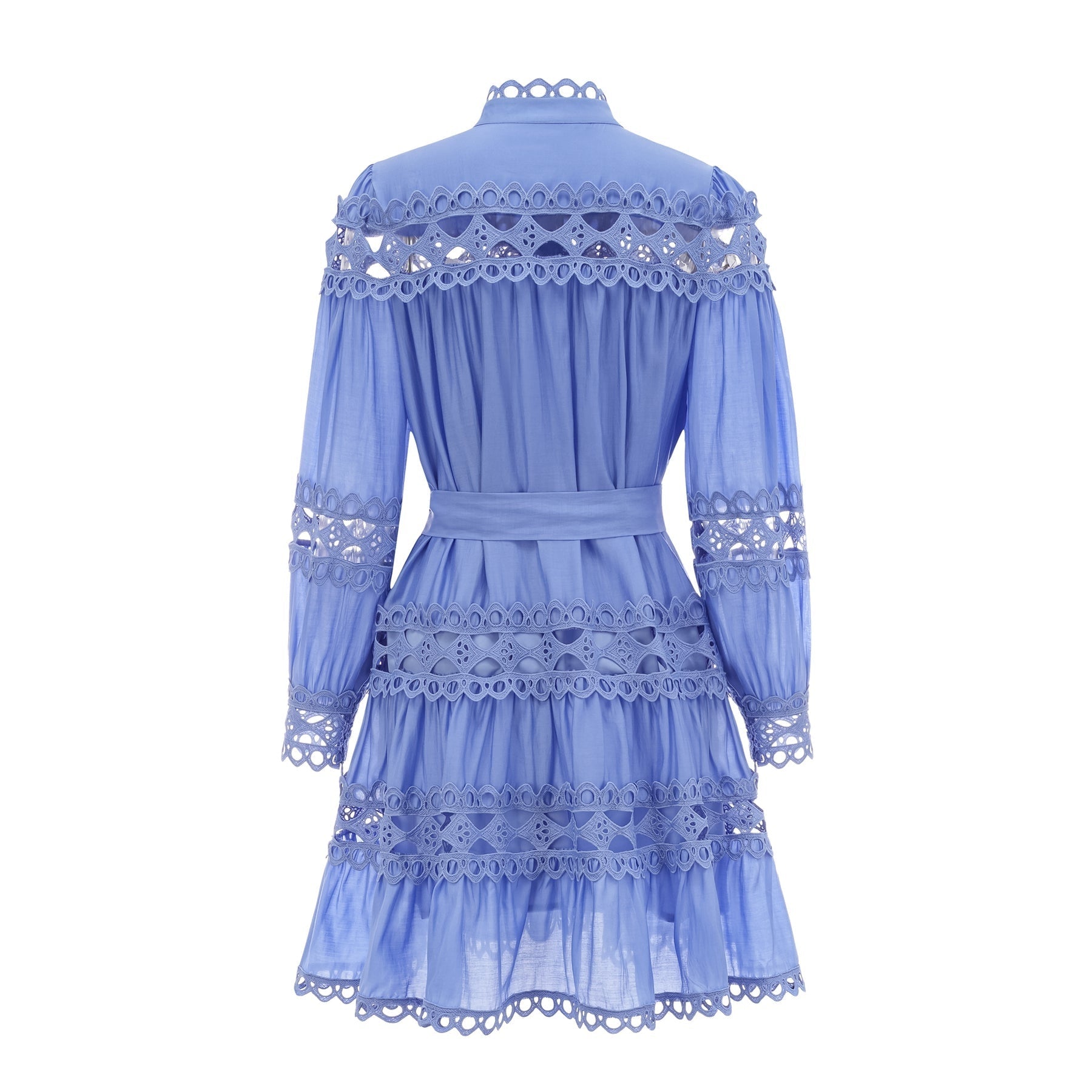Nova Blue Cut - Out Lace Mini Dress With Waistbelt and Button Front