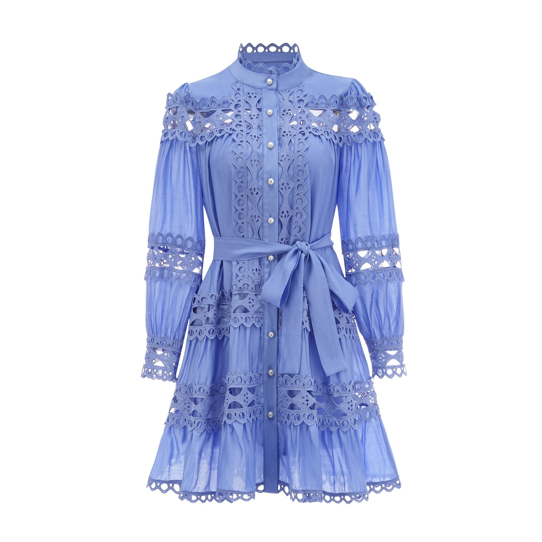 Nova Blue Cut - Out Lace Mini Dress With Waistbelt and Button Front