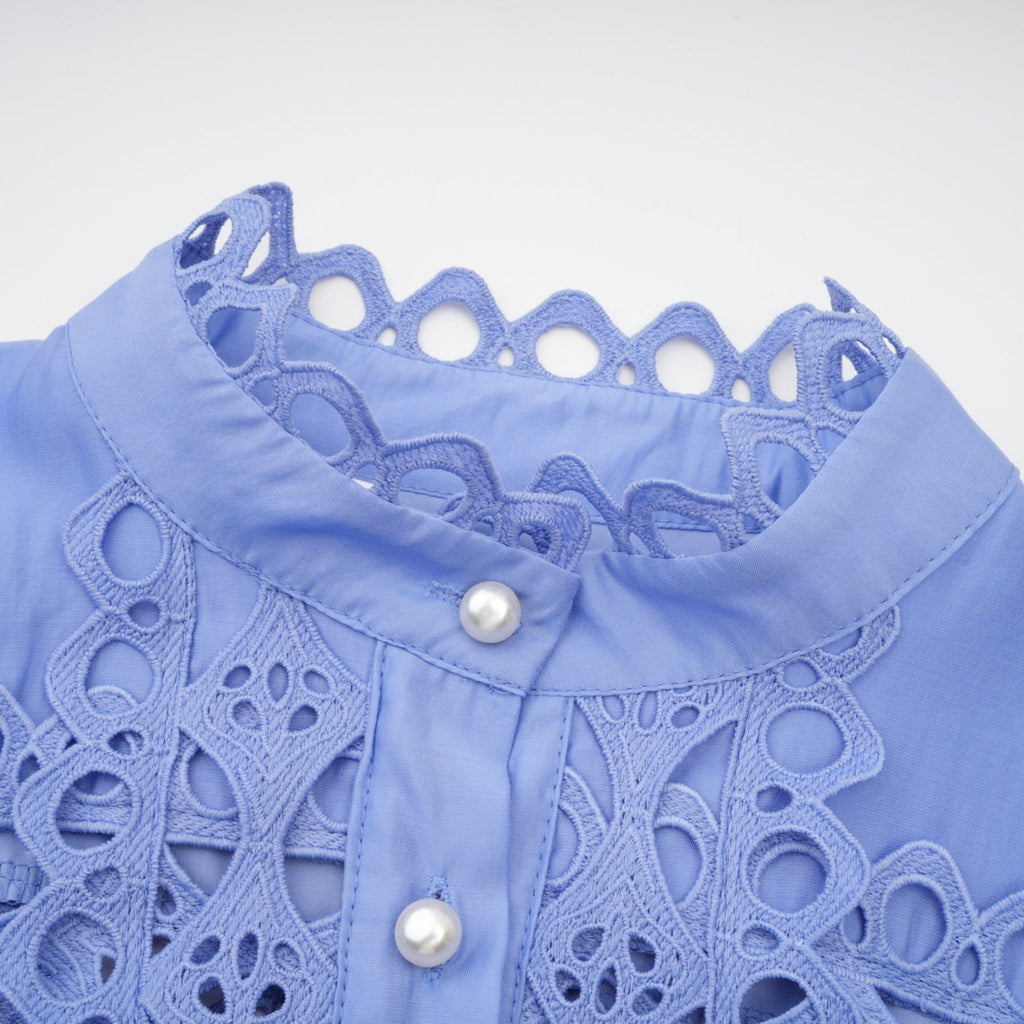 Nova Blue Cut - Out Lace Mini Dress With Waistbelt and Button Front