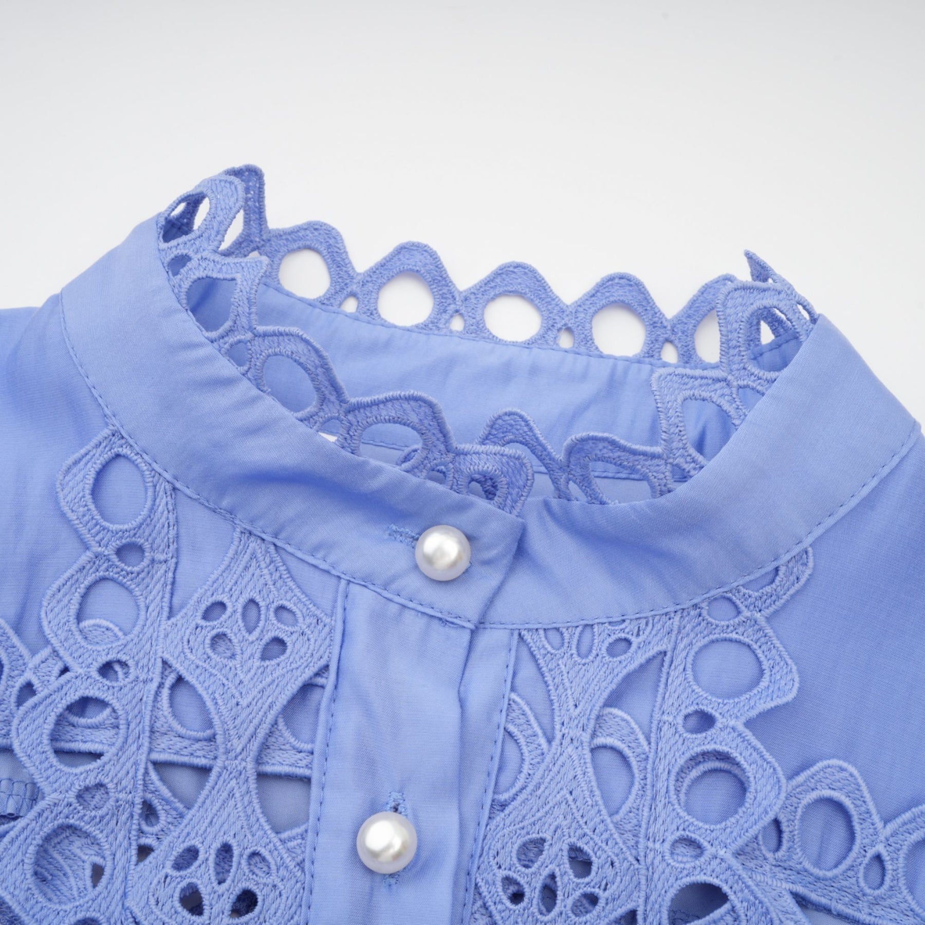 Nova Blue Cut - Out Lace Mini Dress With Waistbelt and Button Front