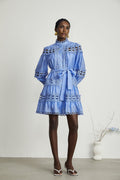Nova Blue Cut - Out Lace Mini Dress With Waistbelt and Button Front