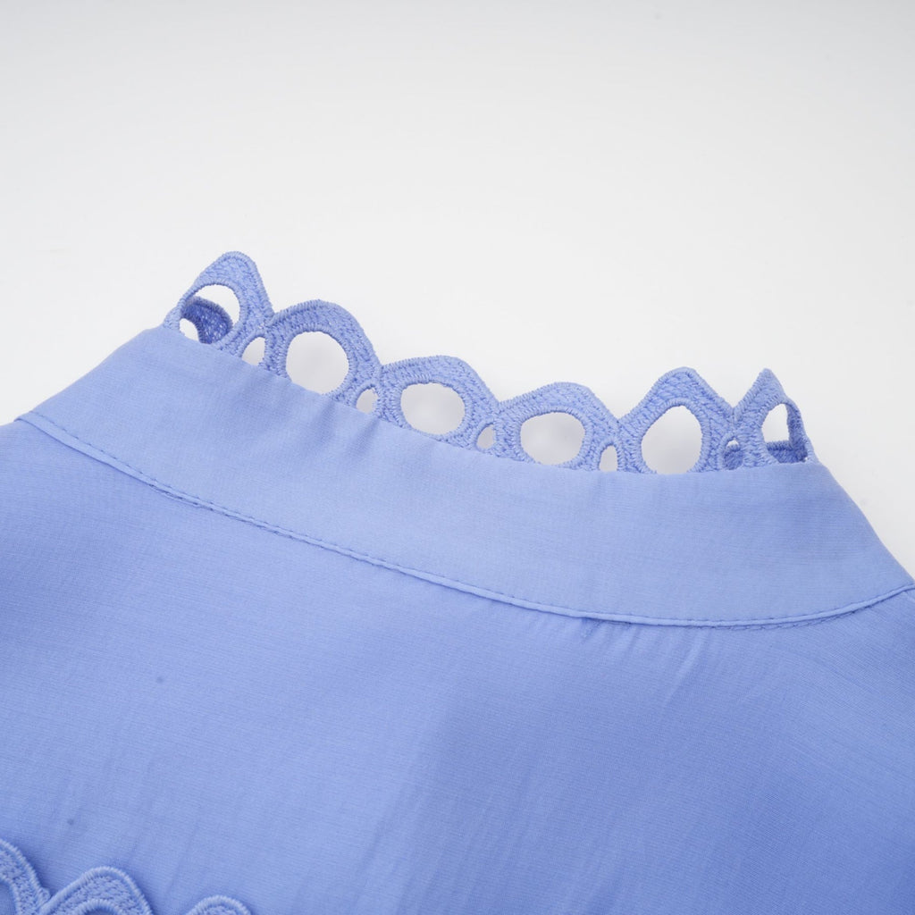 Nova Blue Cut - Out Lace Mini Dress With Waistbelt and Button Front