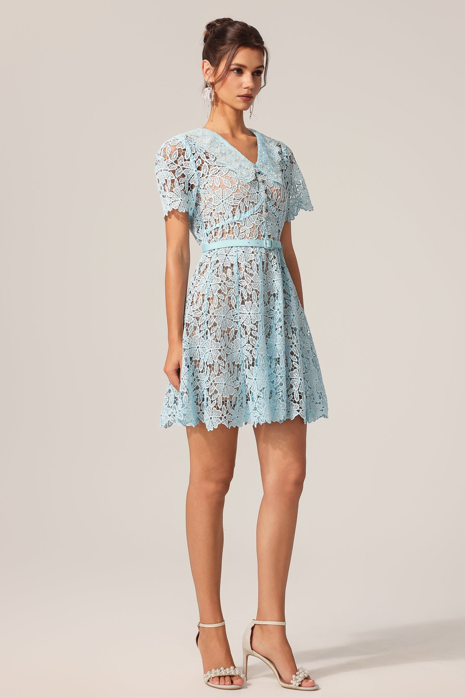 Nunzia Blue Lace Floral Collar Dress Summer Outing Garden Party