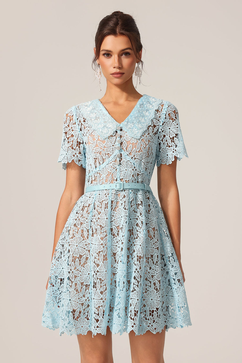 Nunzia Blue Lace Floral Collar Mini Dress Summer Garden Party Outfit