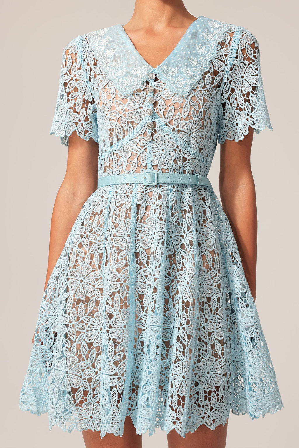 Nunzia Blue Lace Floral Dress Vintage Collar Short Sleeve Mini Fit Flare Summer Garden Party Outfit