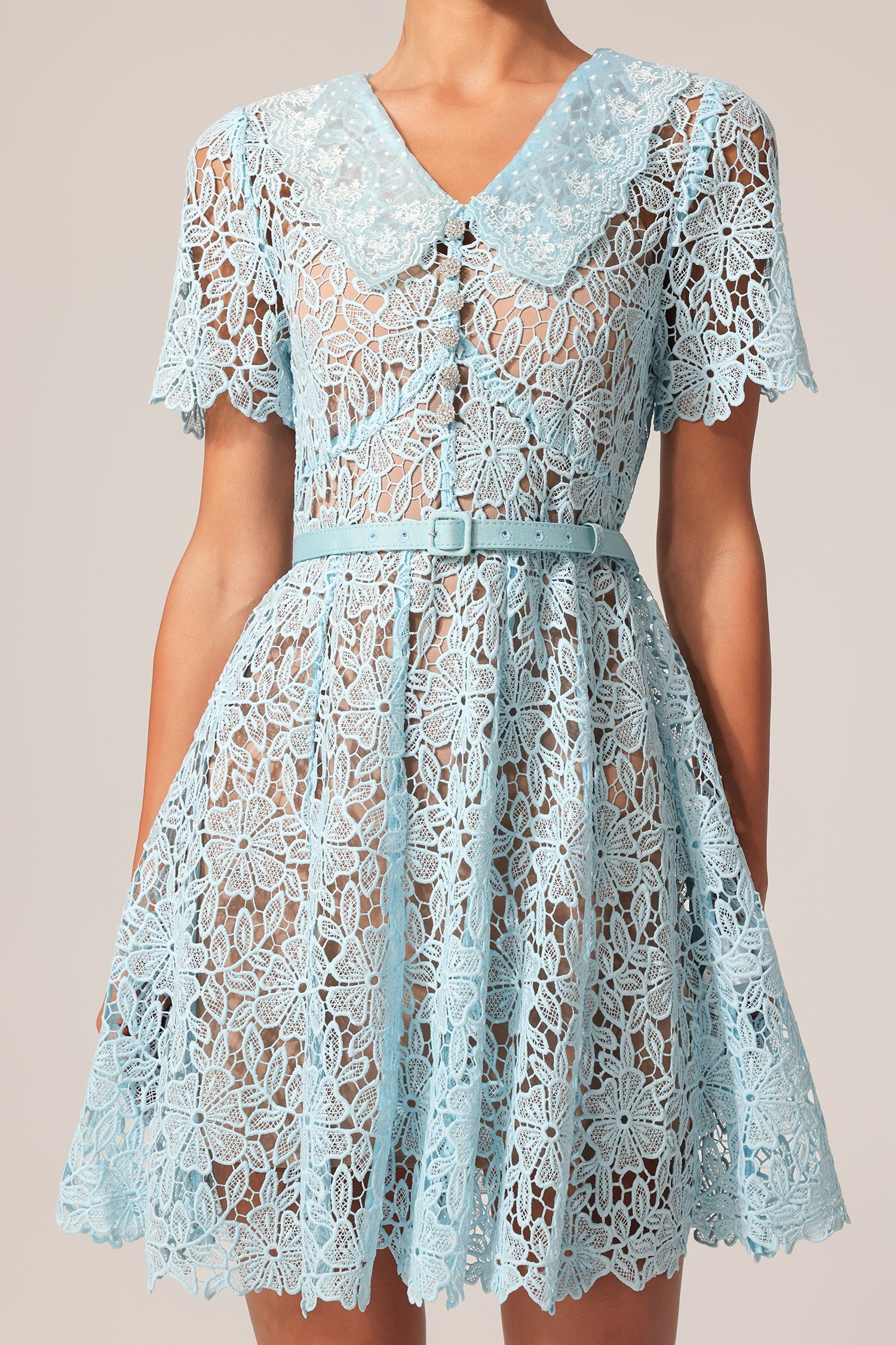Nunzia Blue Lace Floral Dress Vintage Collar Short Sleeve Mini Fit Flare Summer Garden Party Outfit