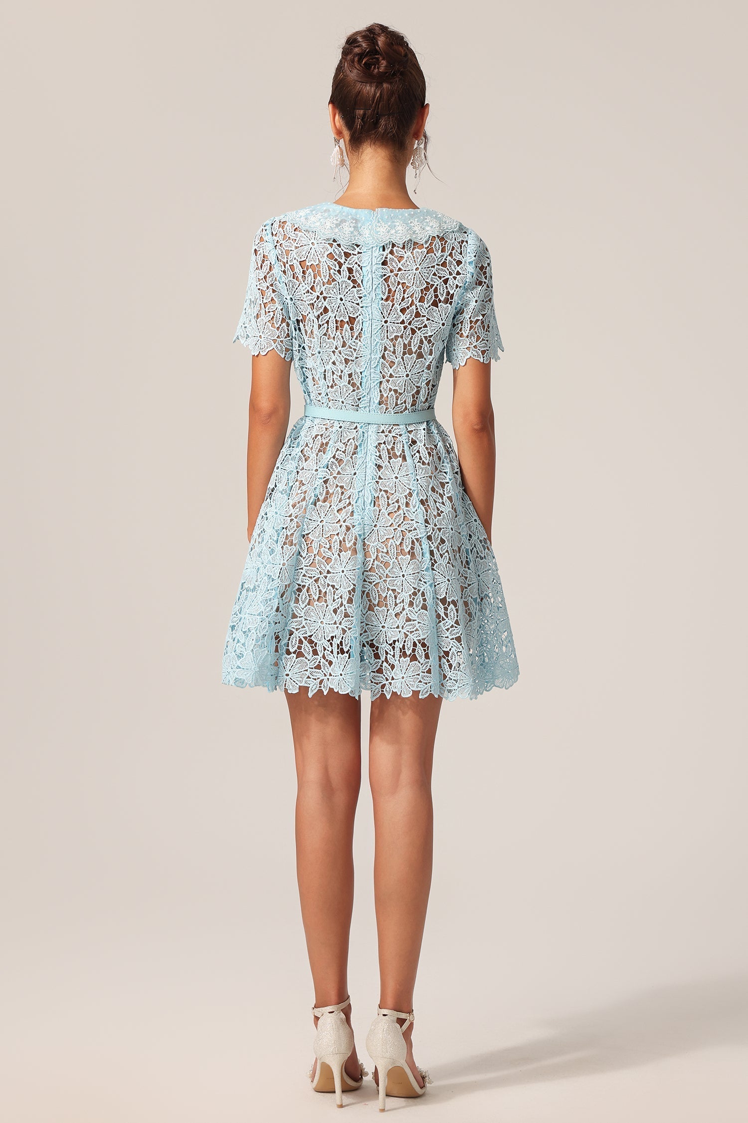Nunzia Blue Lace Floral Mini Dress Vintage Collar Short Sleeve Summer Garden Party Outfit