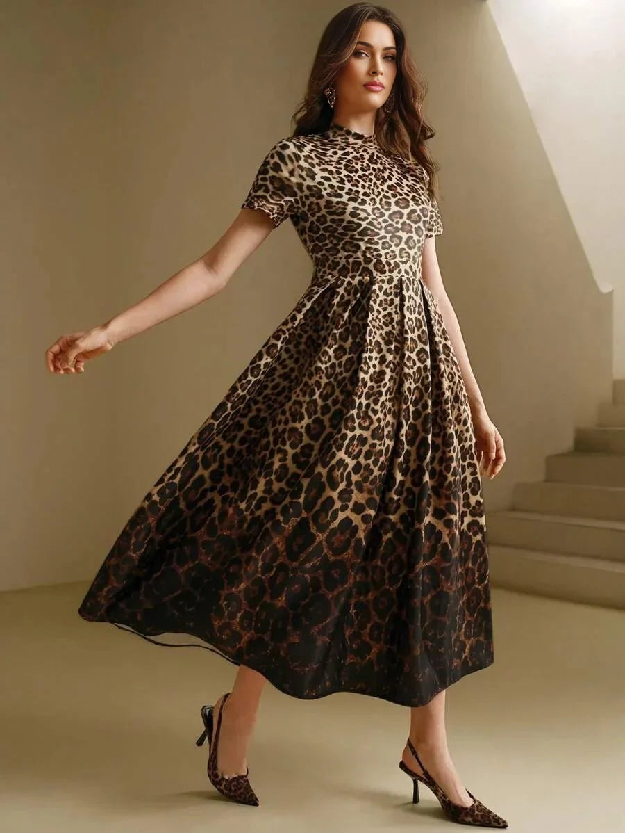 Nunzia Midi Dress - Round Neck - High Waist - A Line - Leopard Print - Elegant