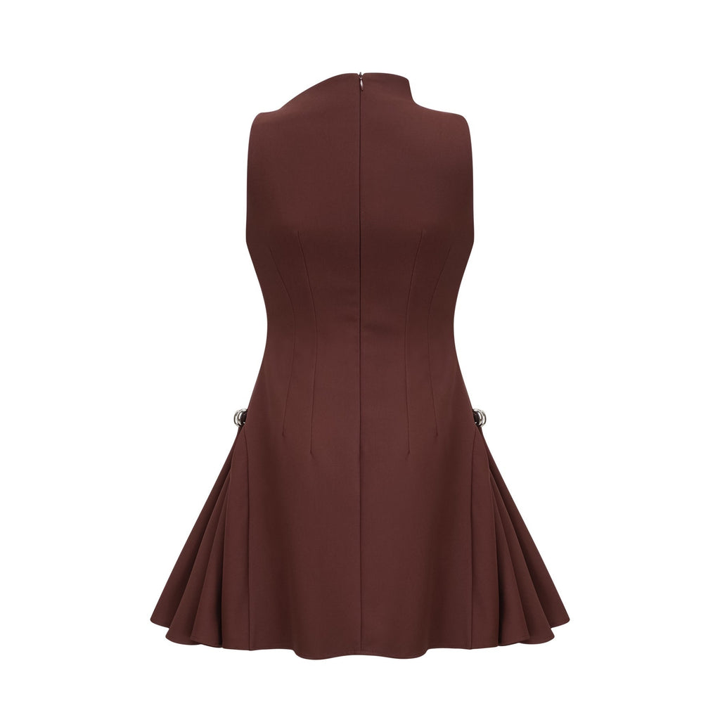 Nunzia Mini Dress Brown Asymmetric Neck Puff Cinched Waist