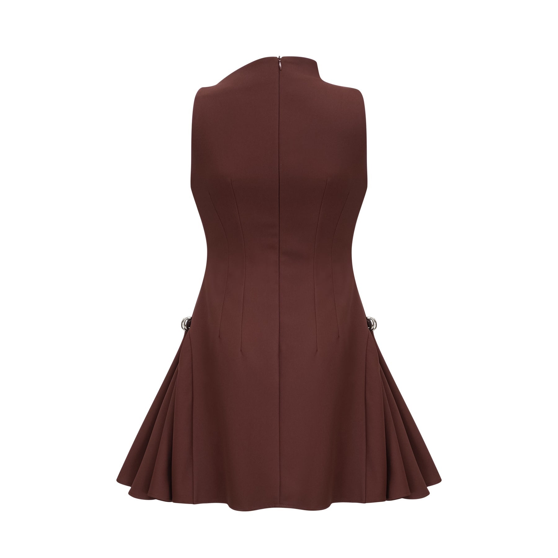 Nunzia Mini Dress Brown Asymmetric Neck Puff Cinched Waist