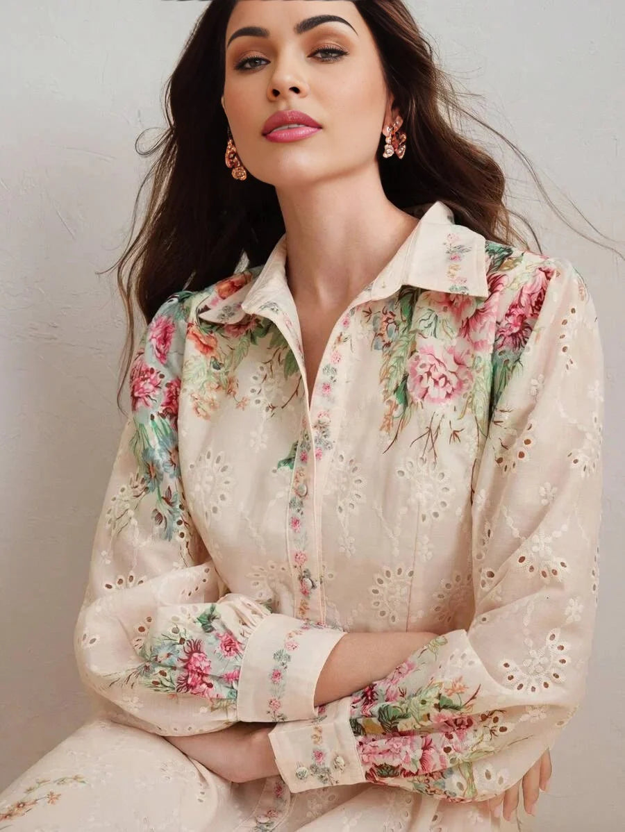 Oakley Midi Dress - Shirt Collar - Bishop Sleeve - High Waist - Floral Pattern - Elegant Style