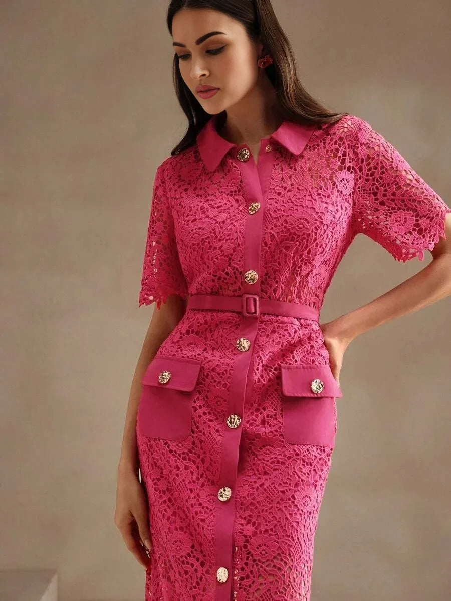 Oakley Midi Dress - Shirt Collar - Elegant Style - High Waist - Pocket Details - Slim Fit