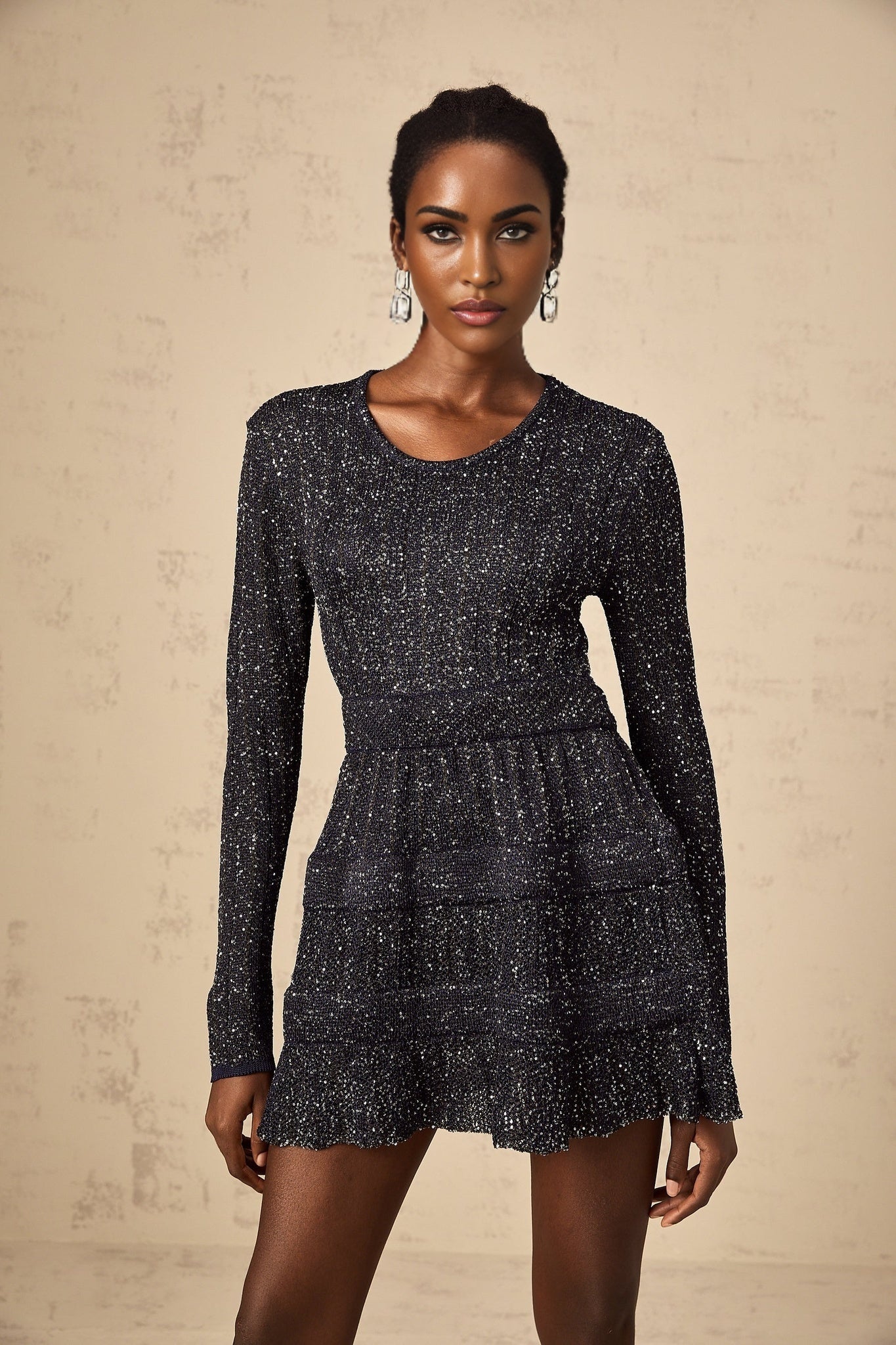 Oakley Mini Dress Sequin Tiered Scallop Hem Black