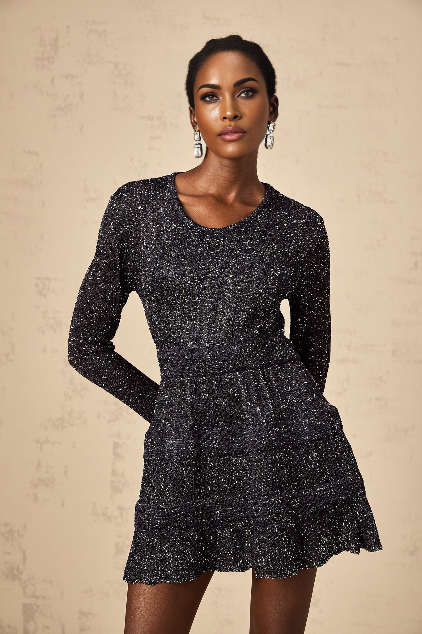 Oakley Mini Dress Sequin Tiered Scallop Hem Black