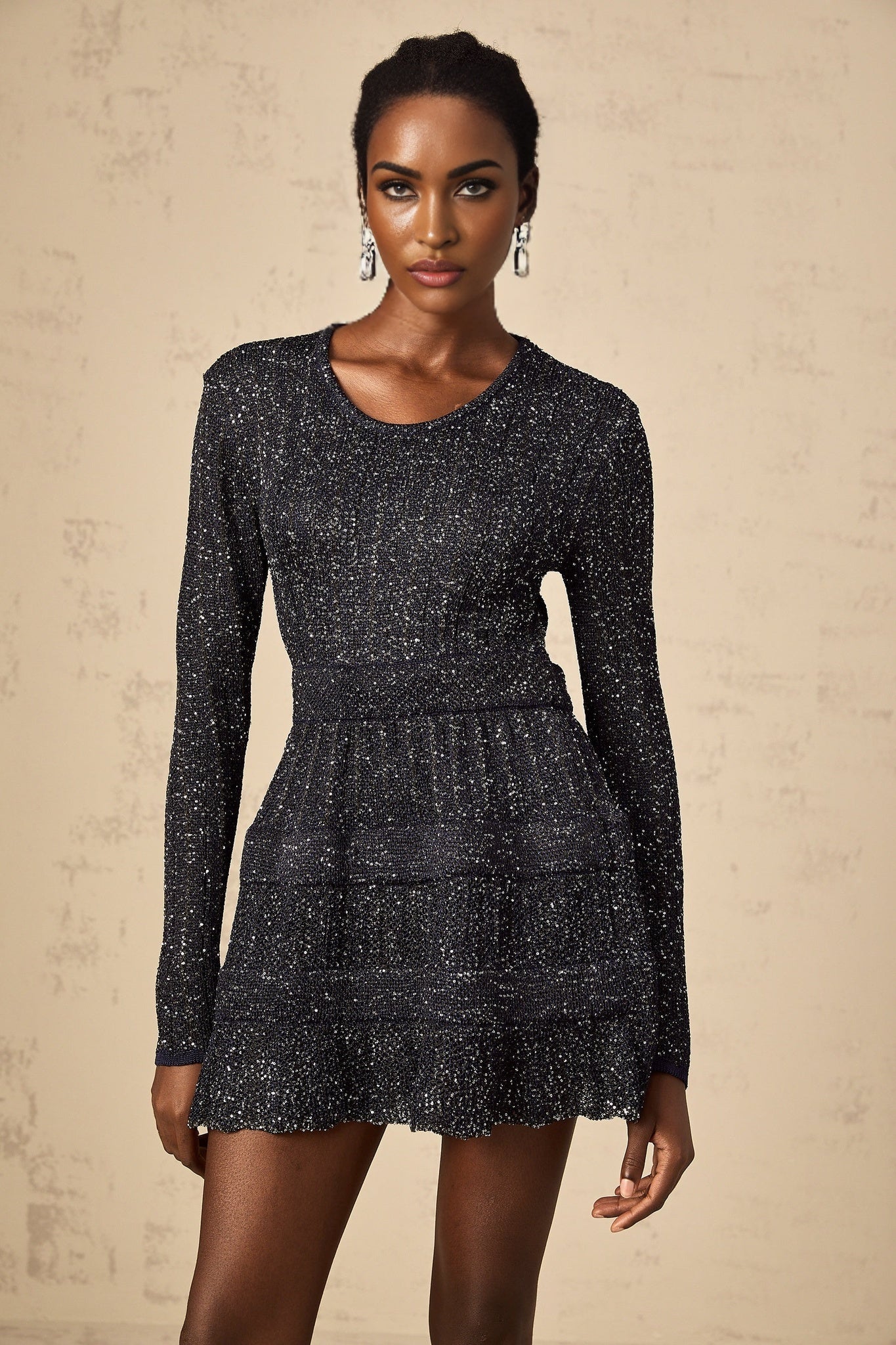Oakley Mini Dress Sequin Tiered Scallop Hem Black