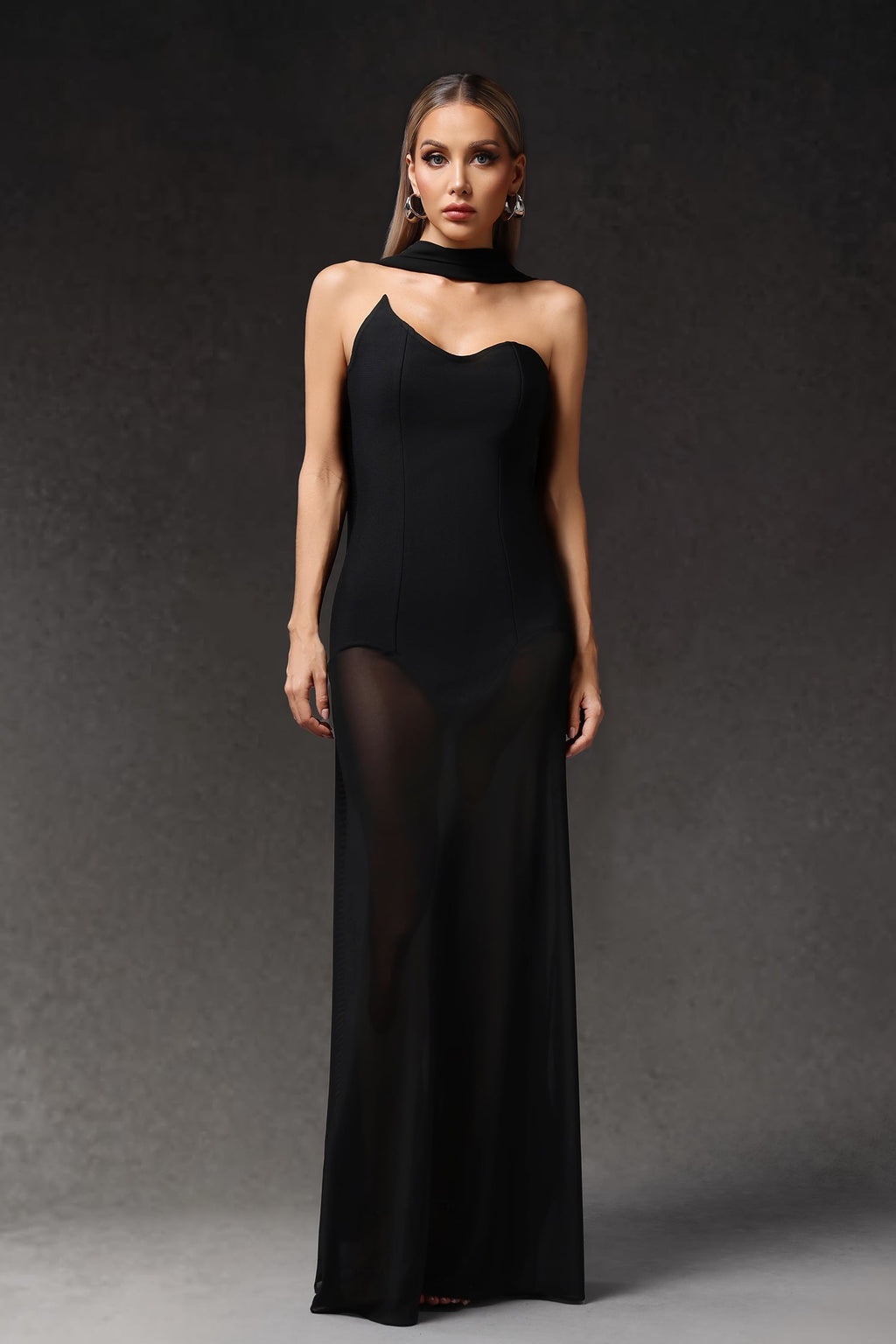 Octavia Black Maxi Dress Asymmetrical Neckline Tulle Layers Formal Evening Wear Body-Hugging Fit Sheer Detailing Strappy Heels Statement Jewelry