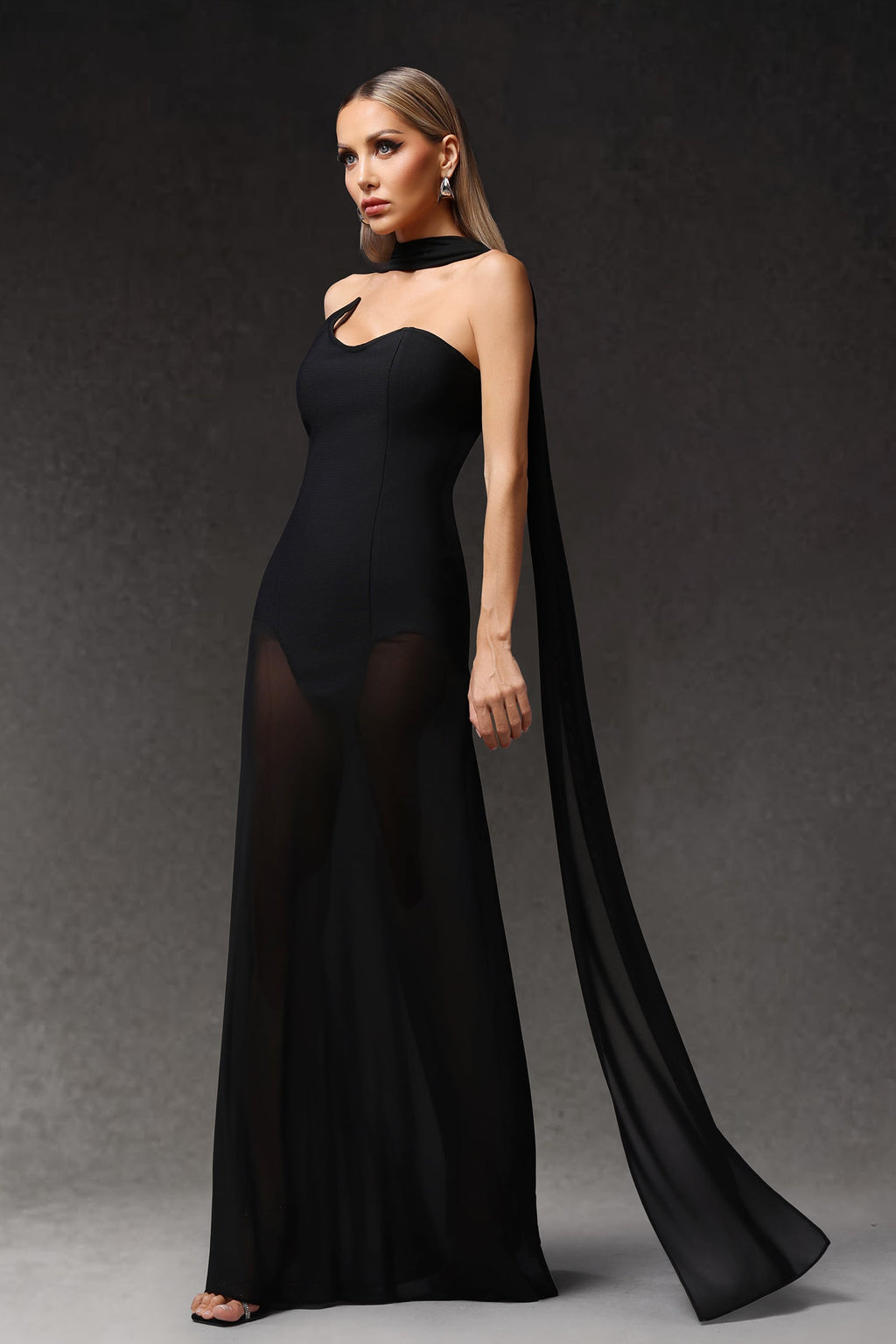 Octavia Black Maxi Dress with Asymmetrical Neckline and Sheer Detailing