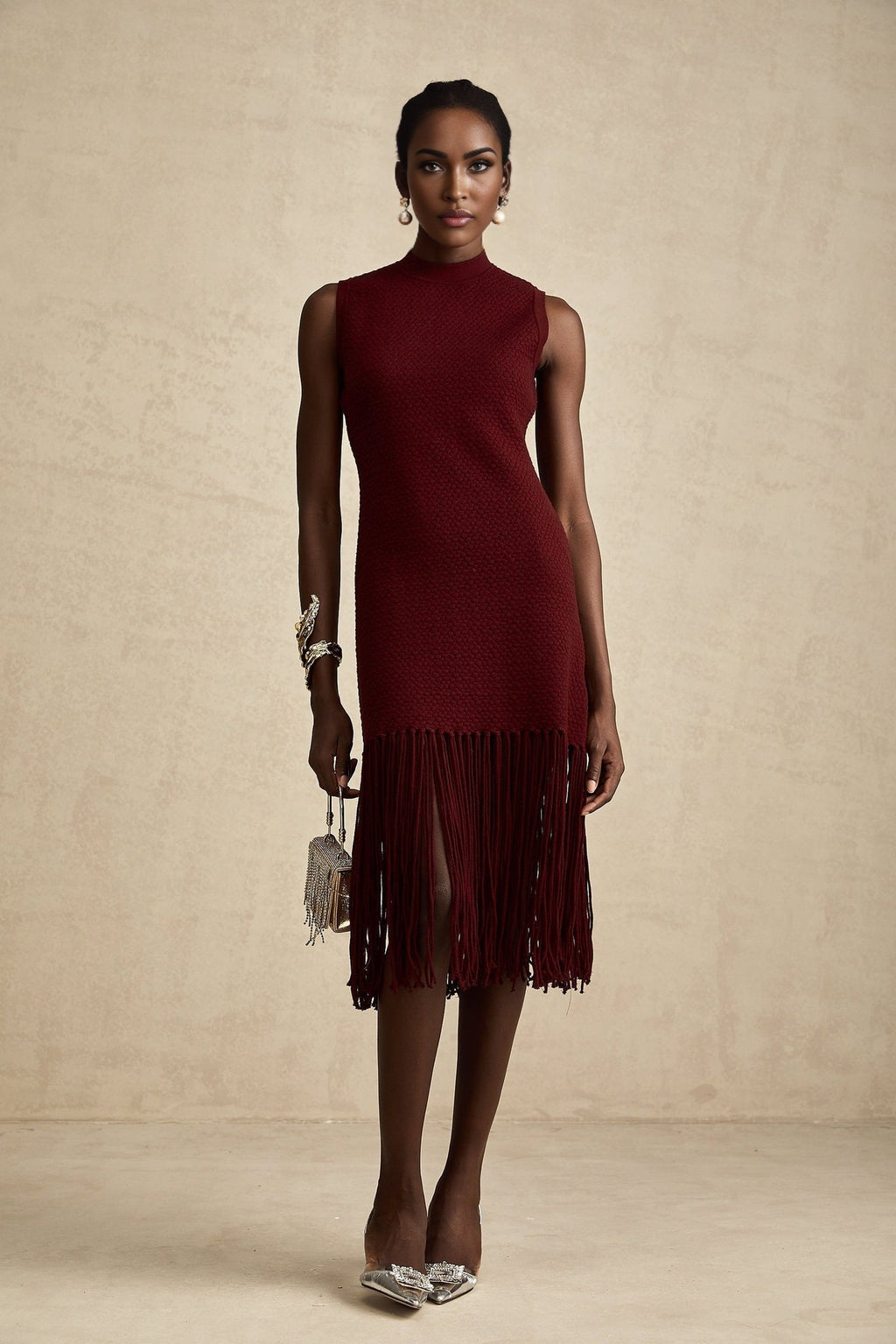 Octavia Midi Dress Vibrant Red Fringe Detail Crew Neck