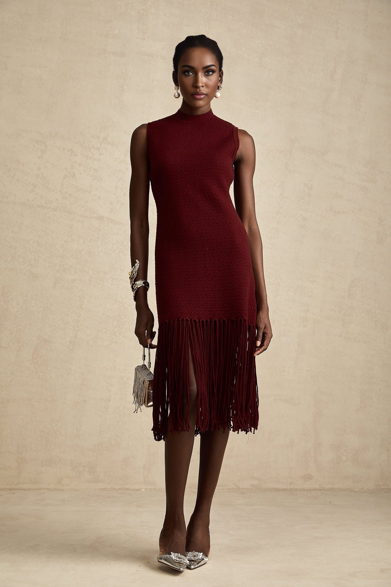 Octavia Midi Dress Vibrant Red Fringe Detail Crew Neck