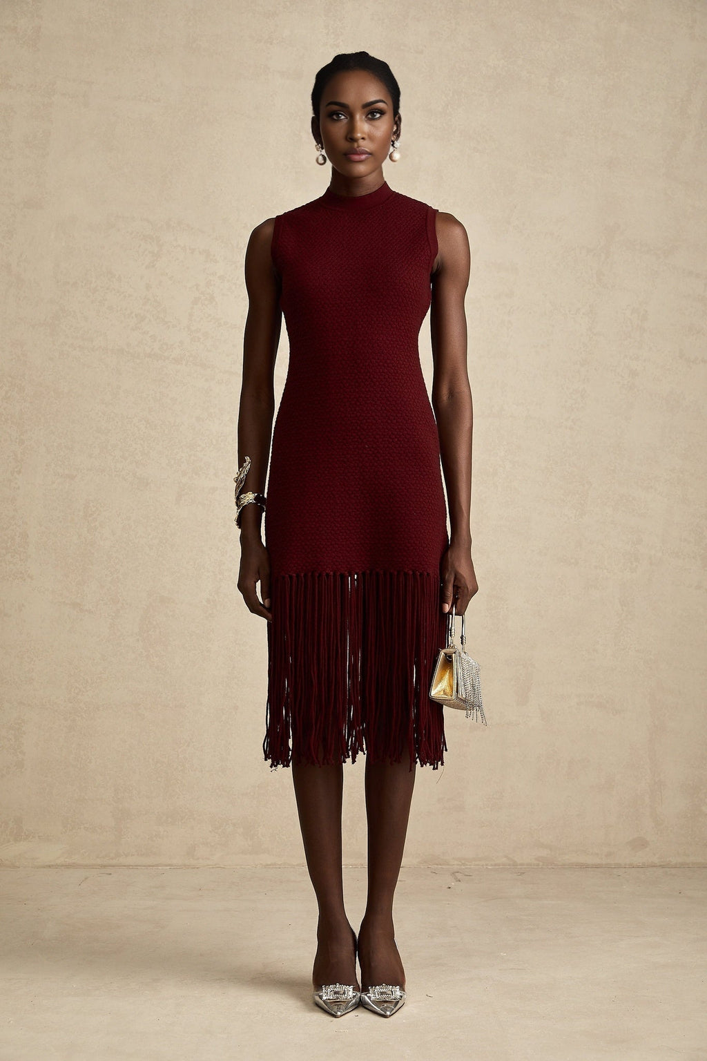 Octavia Midi Dress Vibrant Red Fringe Detail Crew Neck