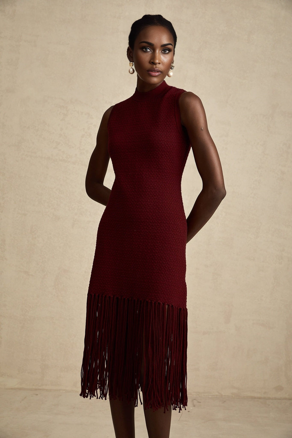 Octavia Midi Dress Vibrant Red Fringe Detail Crew Neck