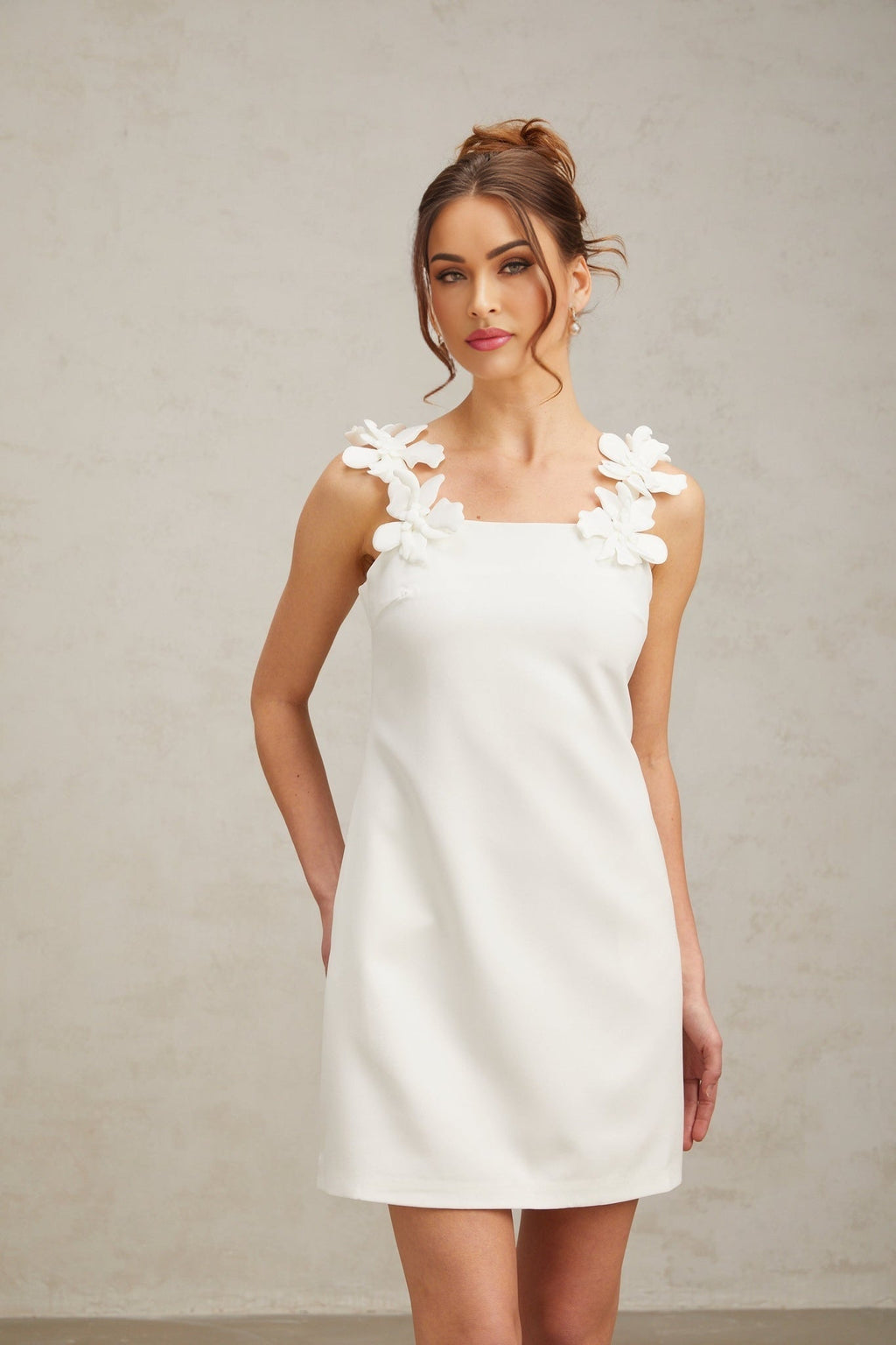 Octavia Mini Dress White Faux Flower Square Neck Thigh Length