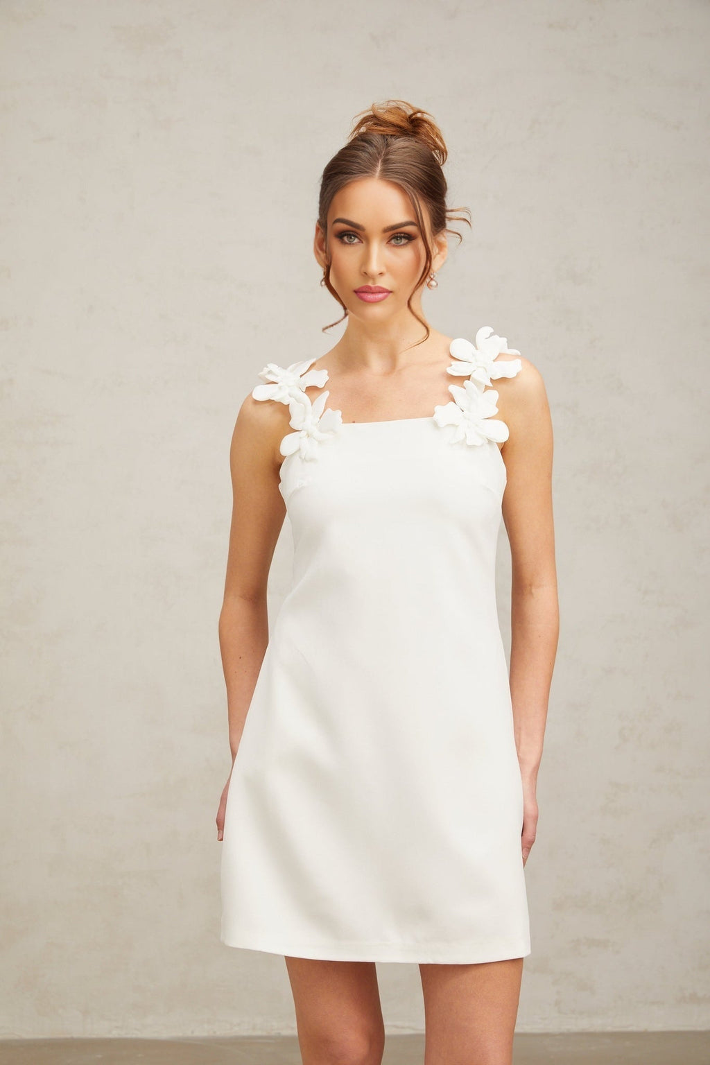 Octavia Mini Dress White Faux Flower Square Neck Thigh Length