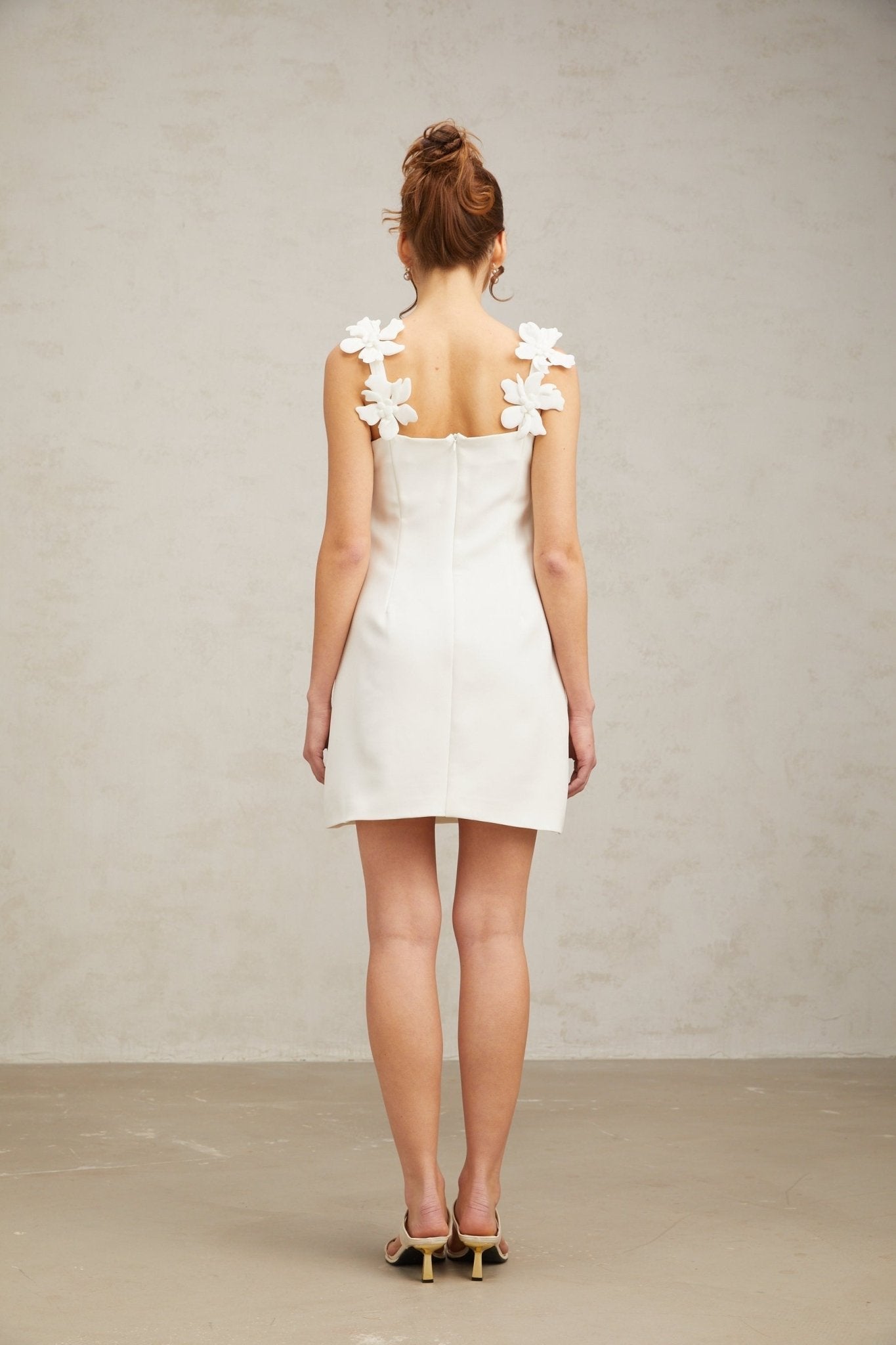Octavia Mini Dress White Faux Flower Square Neck Thigh Length