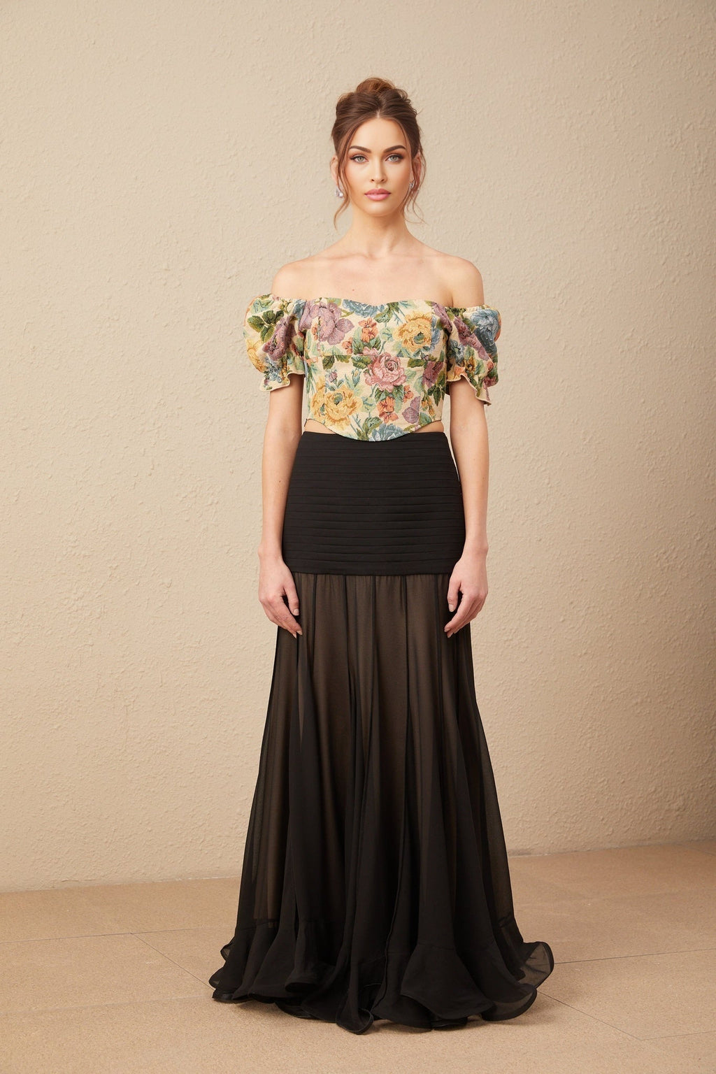 Ofelia Cropped Top Yellow Floral Jacquard & Shirred Hem