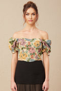 Ofelia Cropped Top Yellow Floral Jacquard & Shirred Hem