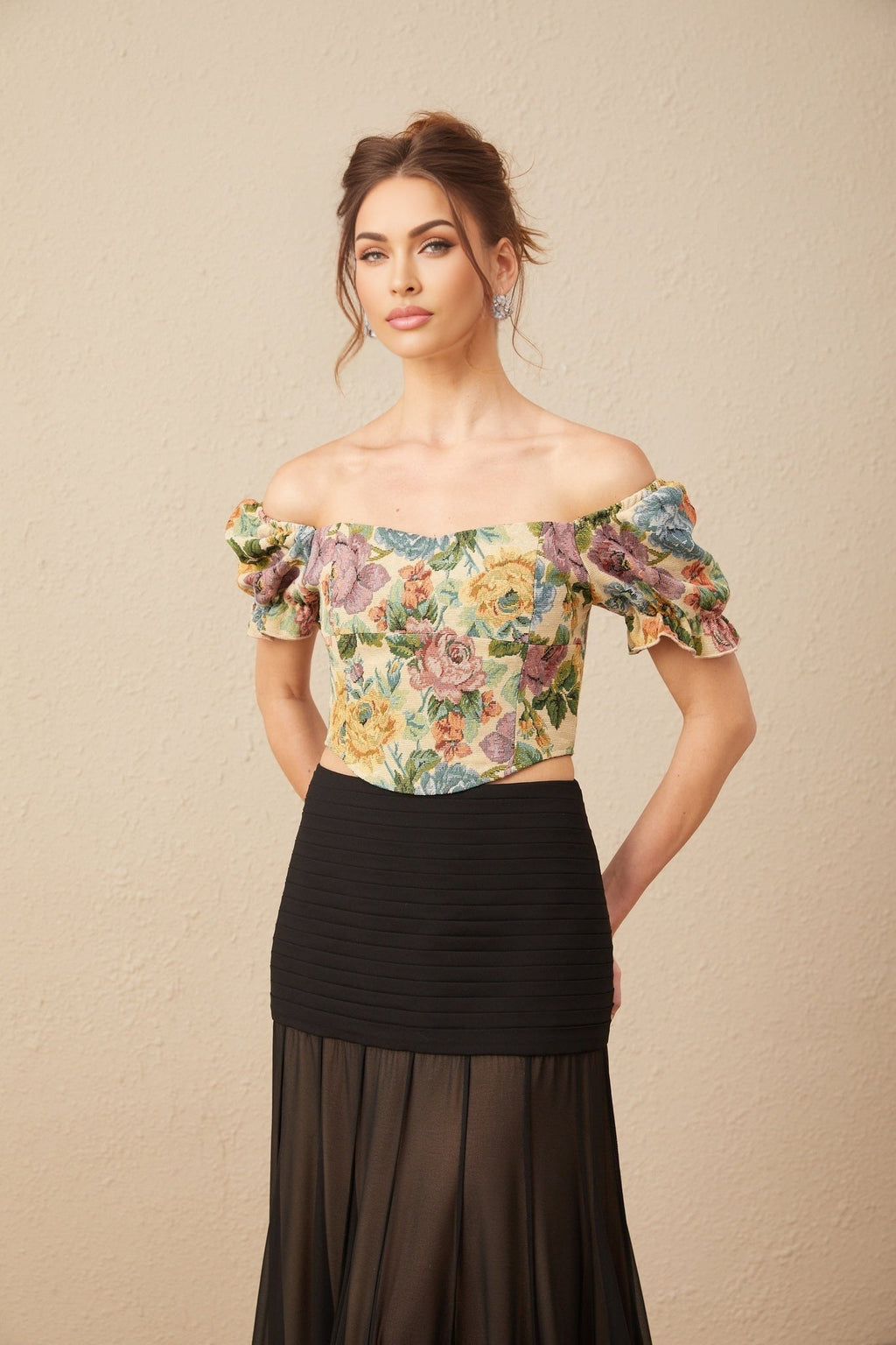 Ofelia Cropped Top Yellow Floral Jacquard & Shirred Hem