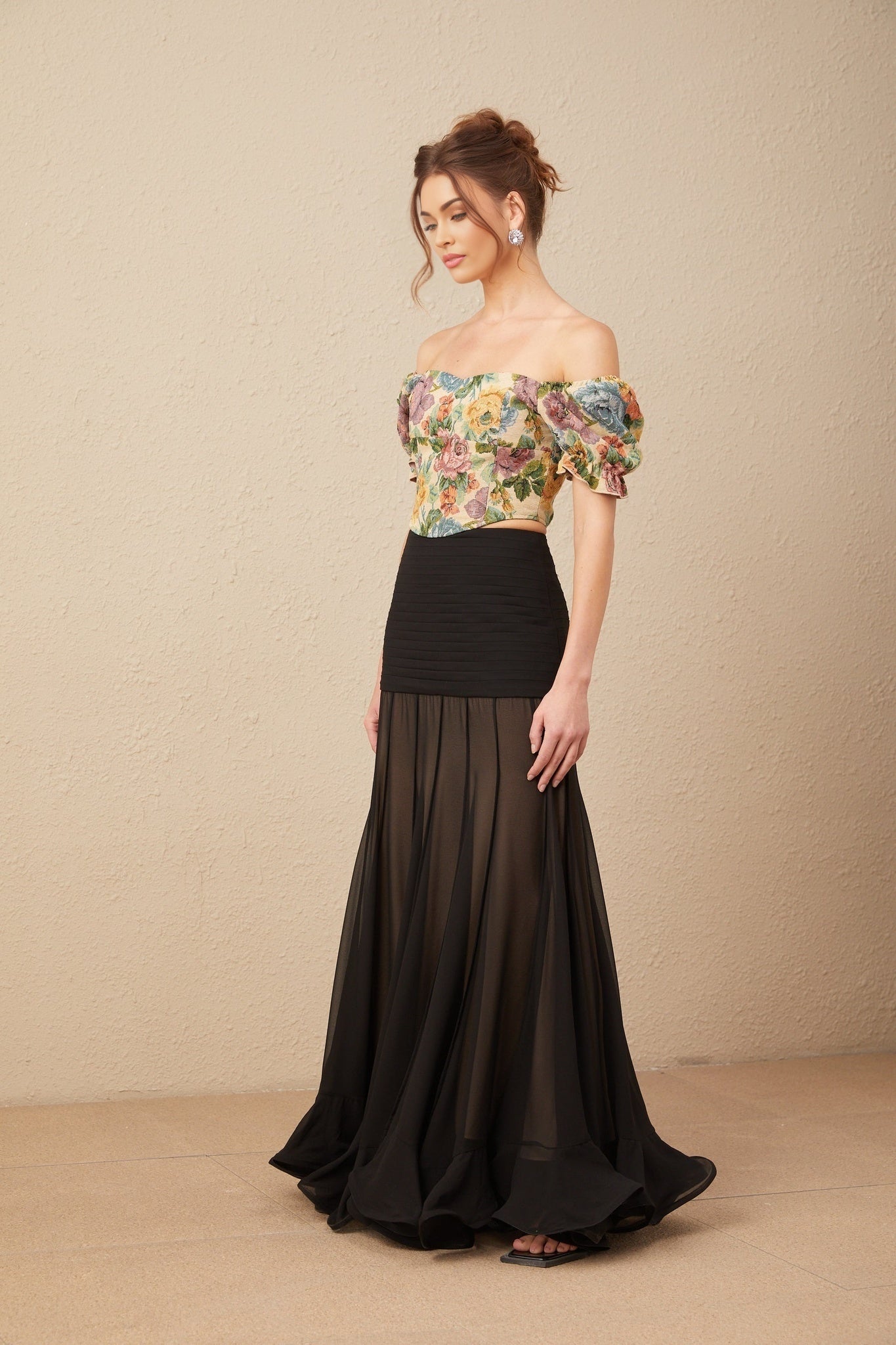 Ofelia Cropped Top Yellow Floral Jacquard & Shirred Hem