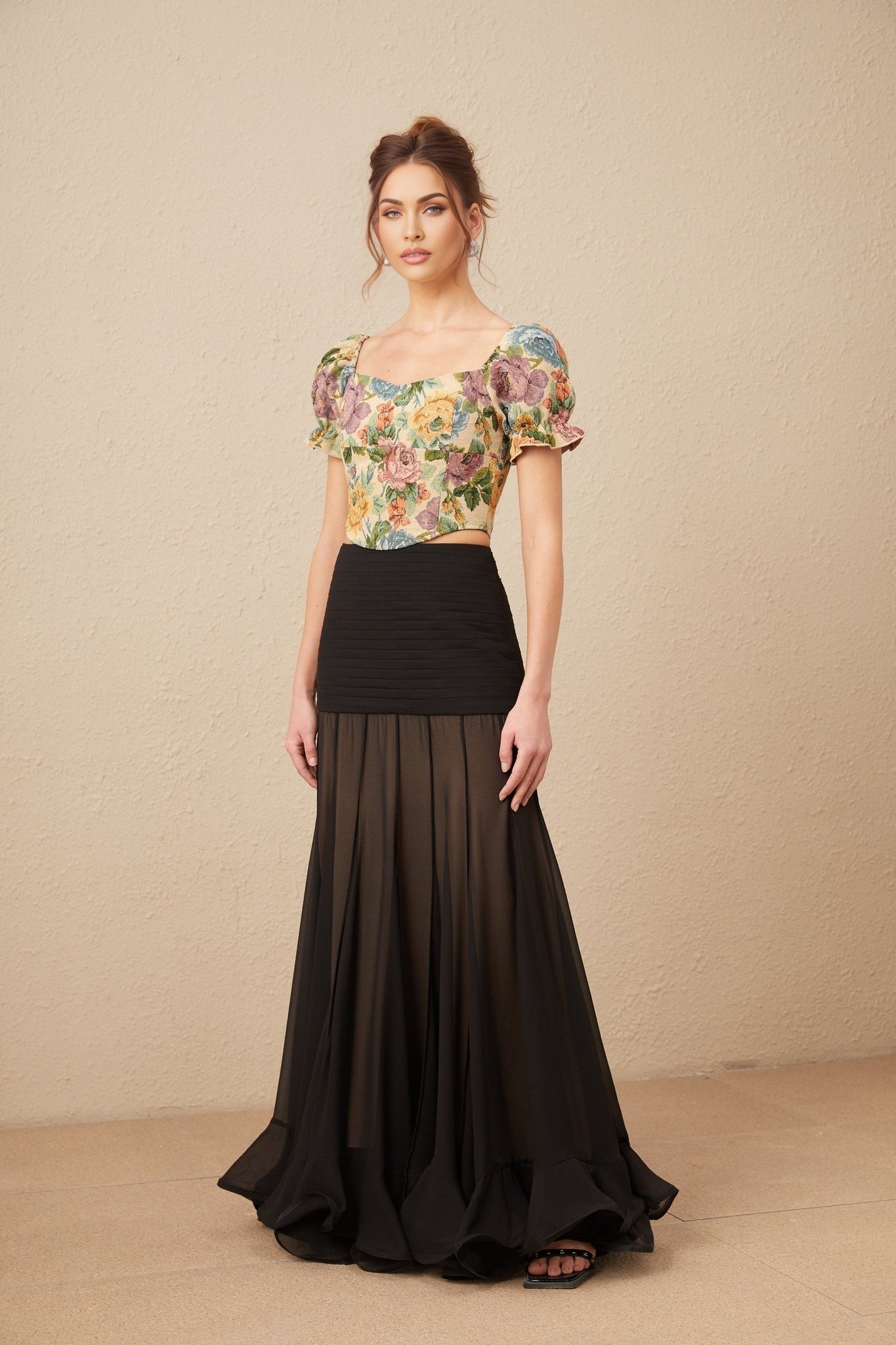 Ofelia Cropped Top Yellow Floral Jacquard & Shirred Hem