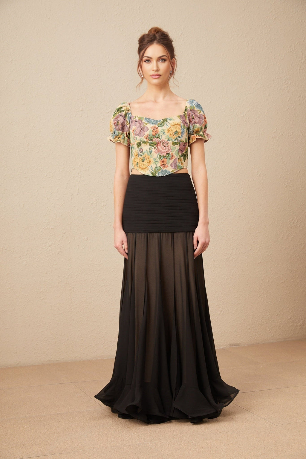 Ofelia Cropped Top Yellow Floral Jacquard & Shirred Hem