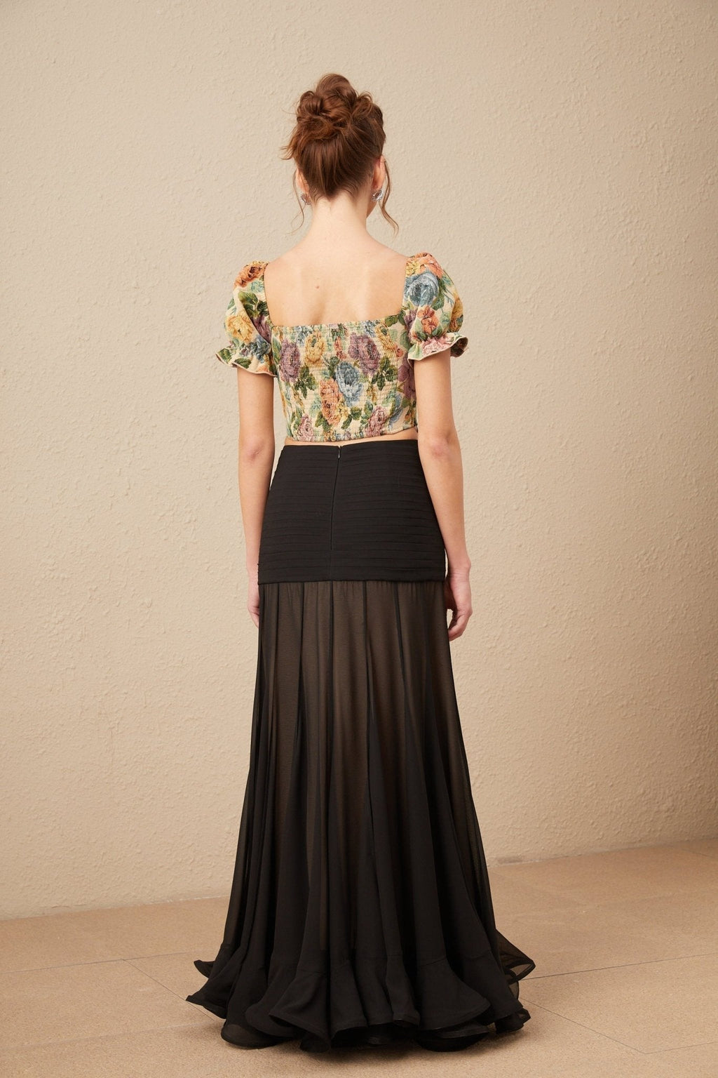 Ofelia Cropped Top Yellow Floral Jacquard & Shirred Hem