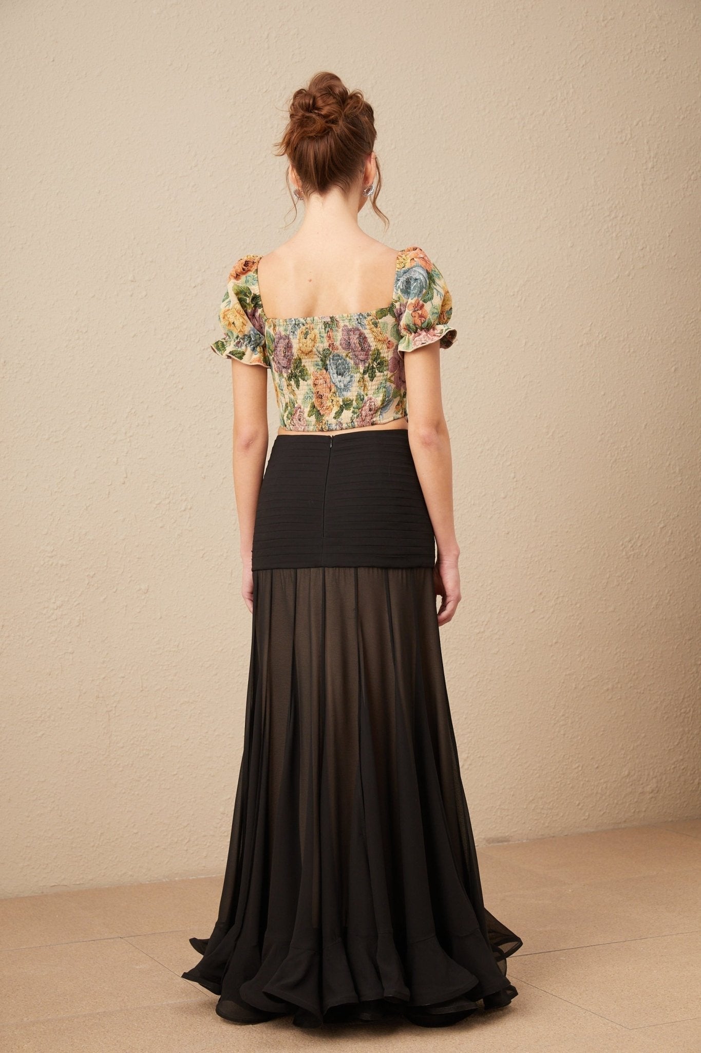 Ofelia Cropped Top Yellow Floral Jacquard & Shirred Hem