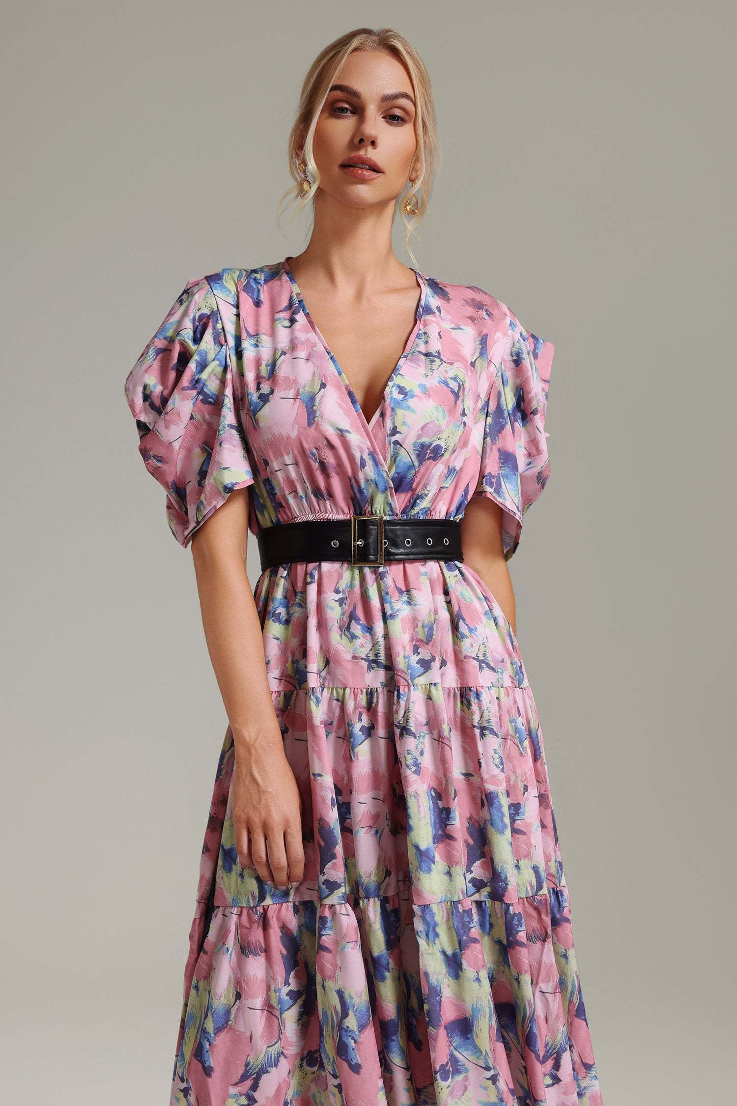 Ofelia Pink Floral Print Dress with Puffed Sleeves and Fabric Belt