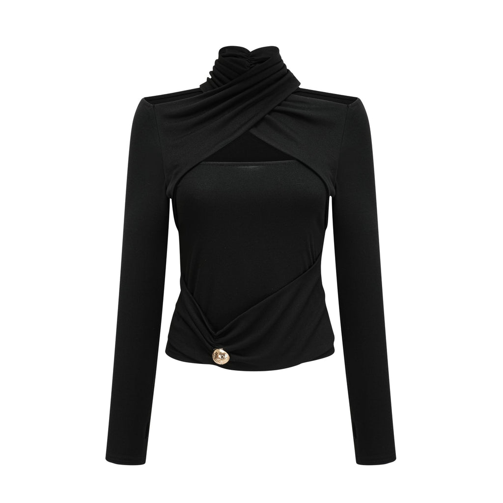 Ofelia Top Black Ruched Halterneck Jersey & Metal Buckle Detail