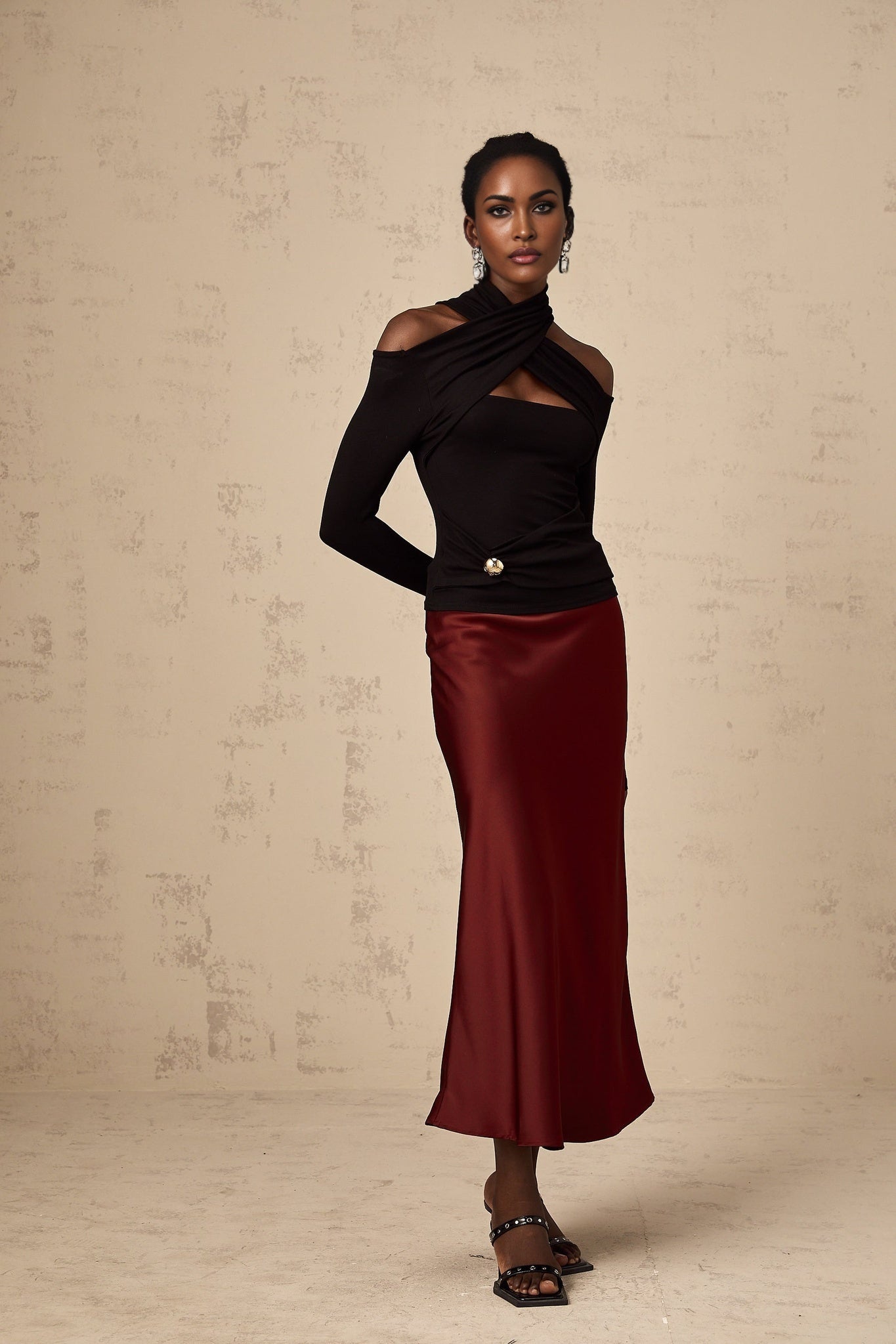 Ofelia Top Black Ruched Halterneck Jersey & Metal Buckle Detail