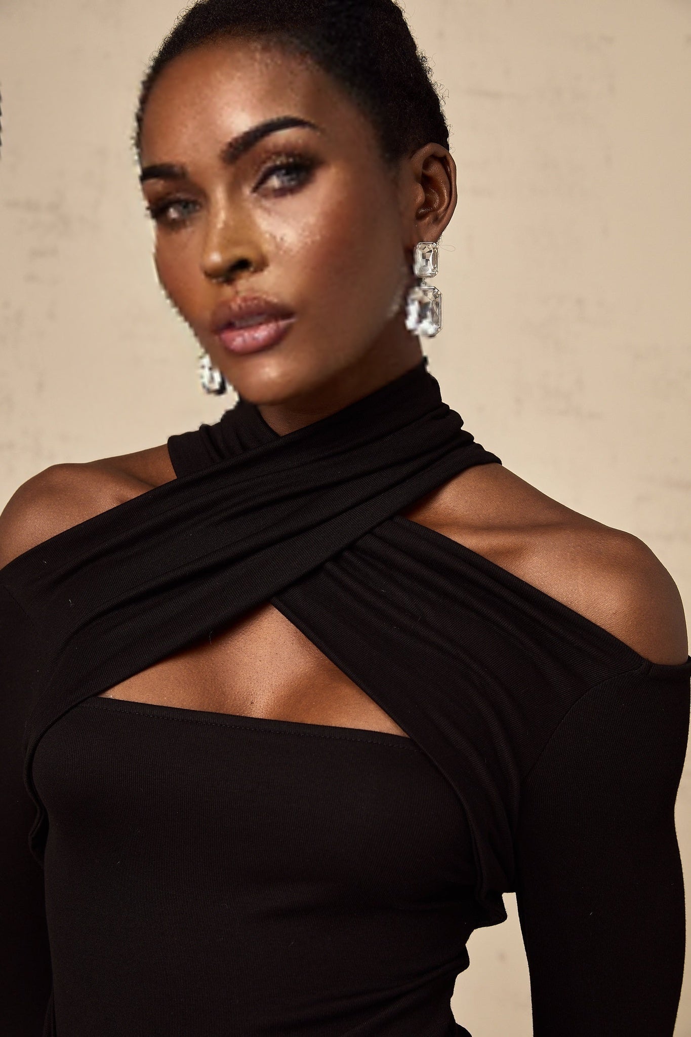 Ofelia Top Black Ruched Halterneck Jersey & Metal Buckle Detail