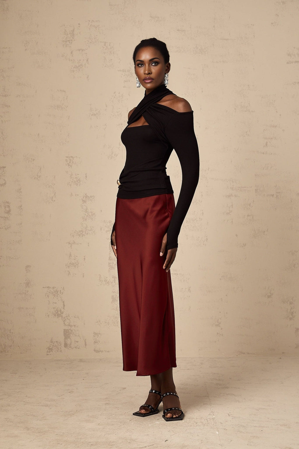Ofelia Top Black Ruched Halterneck Jersey & Metal Buckle Detail
