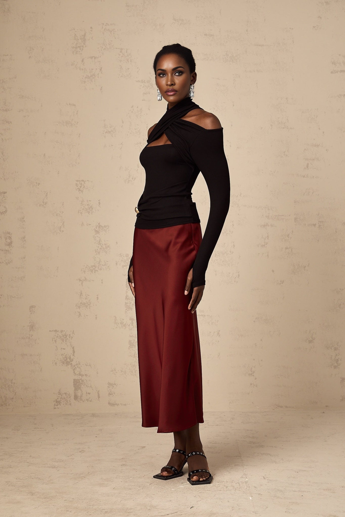 Ofelia Top Black Ruched Halterneck Jersey & Metal Buckle Detail