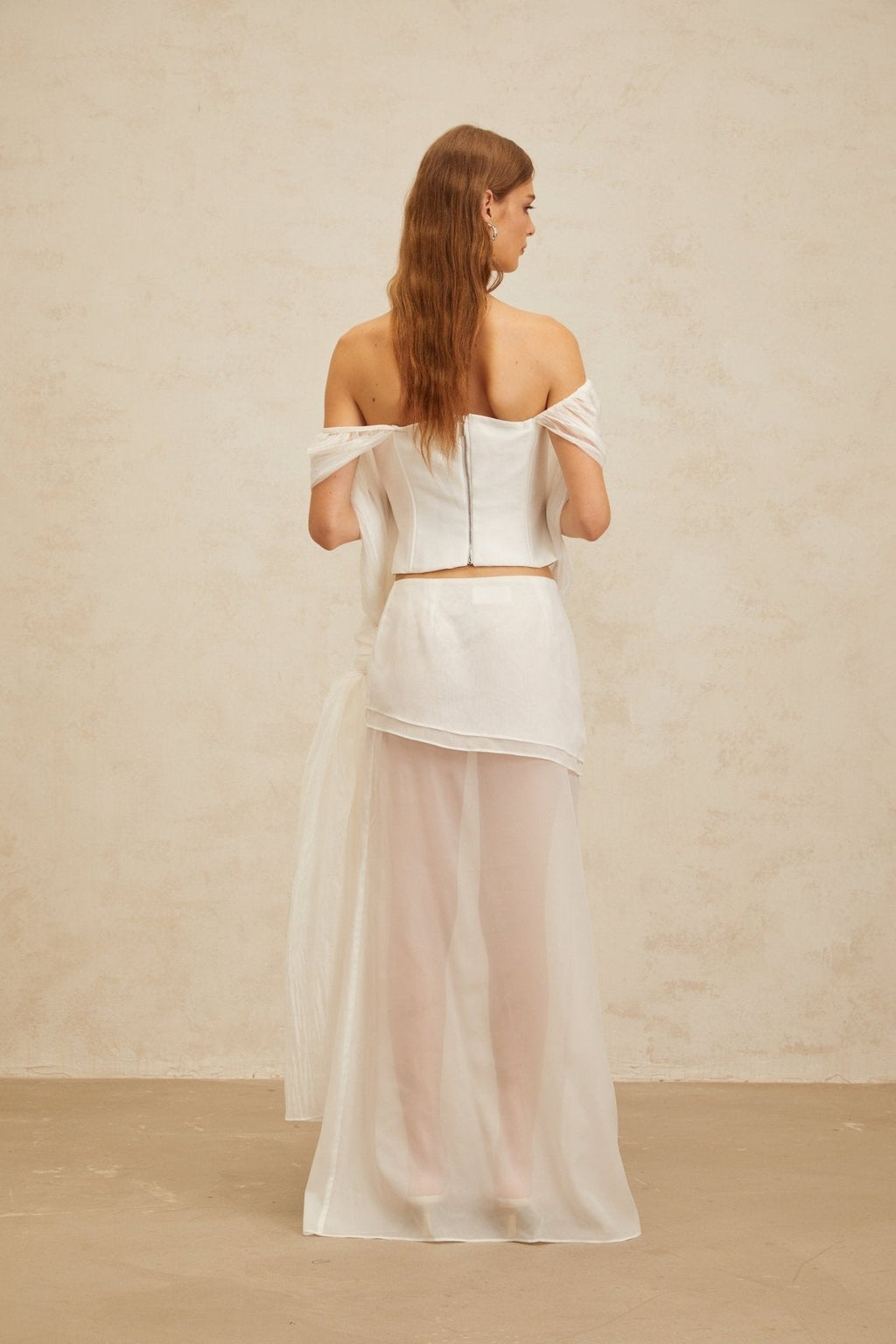Off Shoulder Top & High Rise Skirt - Tulle Fabric - Semi - Sheer - Shirred Effect - Draped Detailing